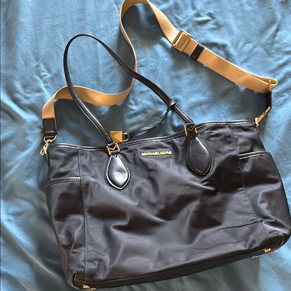 Michael Kors Black and Tan Messenger Bag with Leather Trim